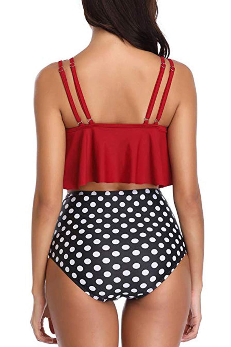 Adisputent Women High Waisted Swimsuit Flounce Swimwear Racerback Vintage Two Piece Bikini(Wine Red,XL) - Image 2